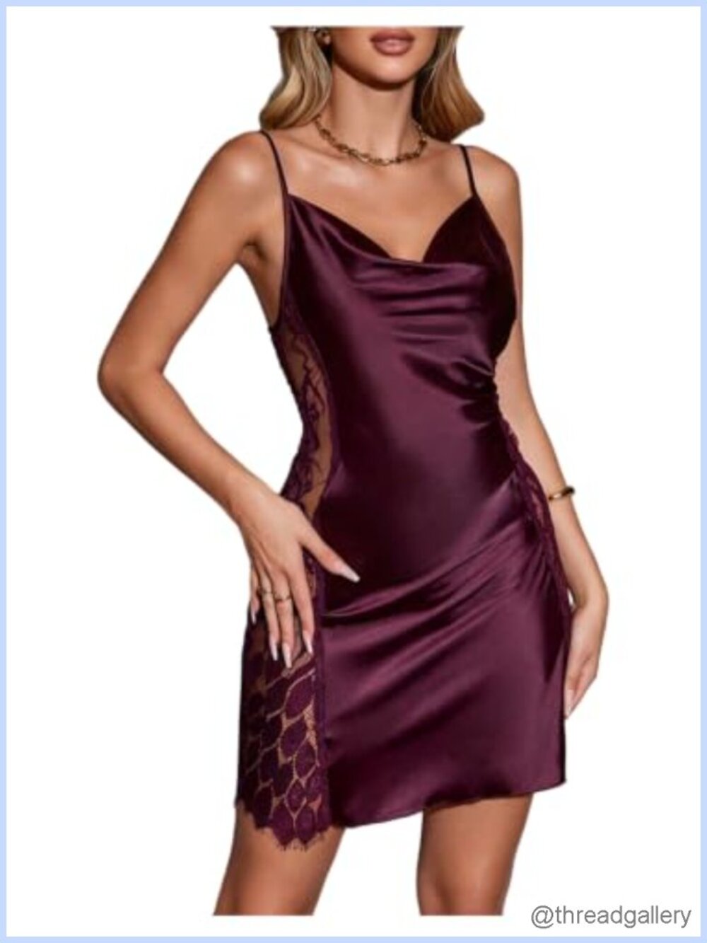 Satin Lace Nightgown Draped Backless Mini Slip Chemise Sleepwear
